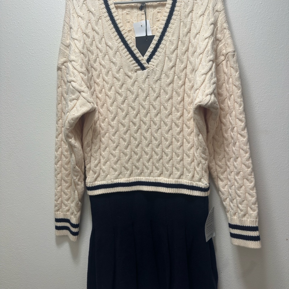 En Saison Ivory Cable Knit Sweater with Navy Skirt